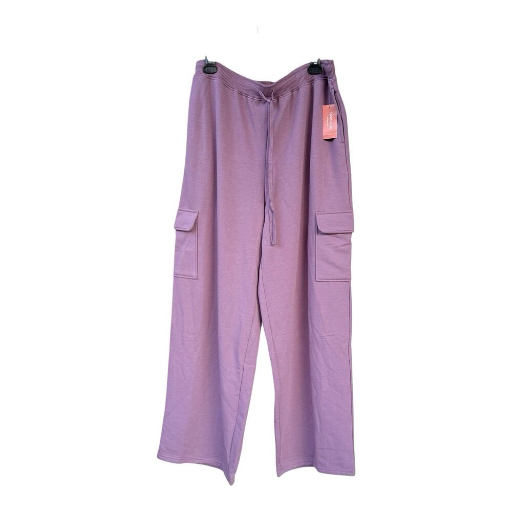 NWT State of Day Women High Rise Fleece Cargo Sweatpants Purple Soft Drawstring